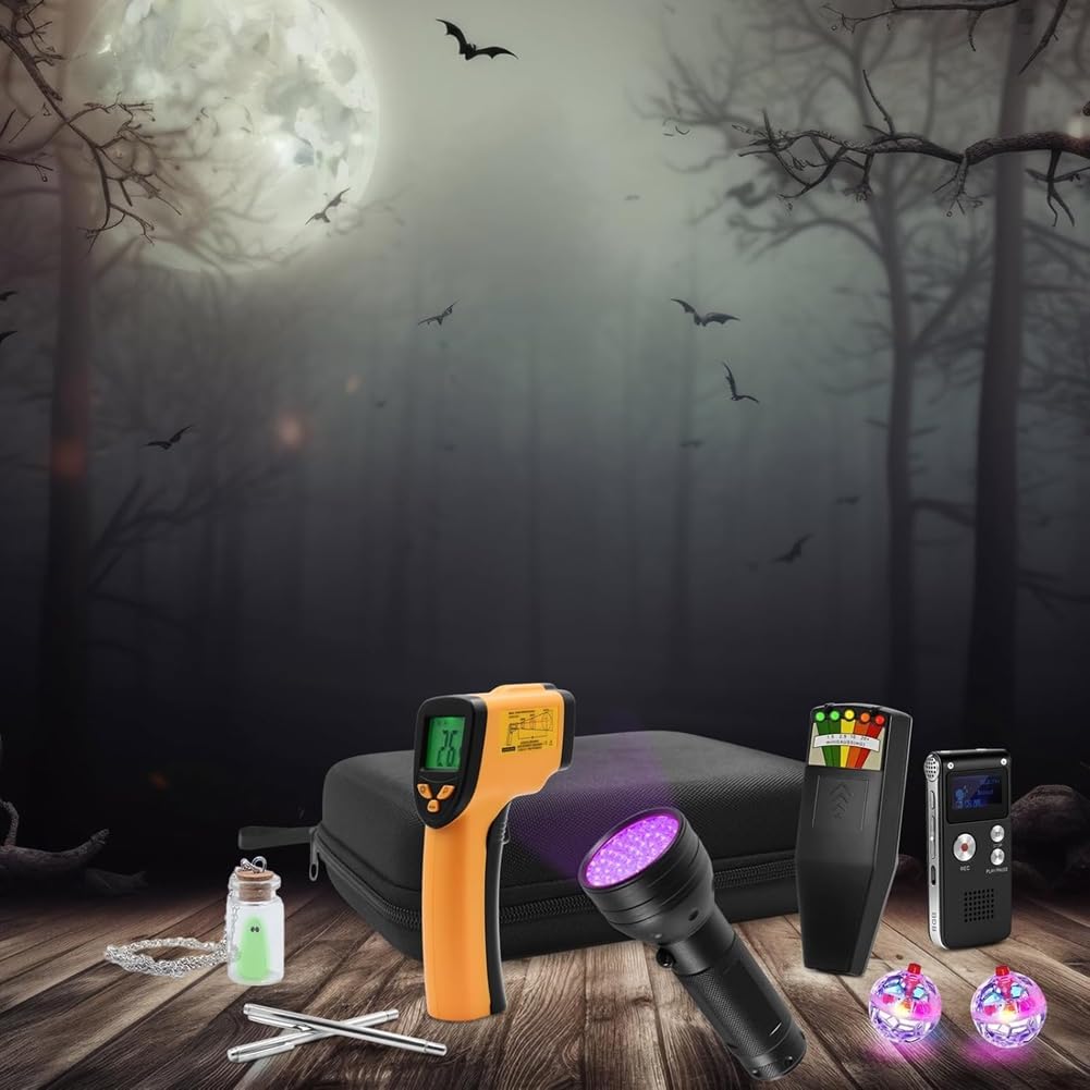 El Kit de 9 Piezas Incluye un Medidor de Campo Electromagnético (EMF), un Detector Sin Contacto (EVP) y una Varilla de Radiestesia.