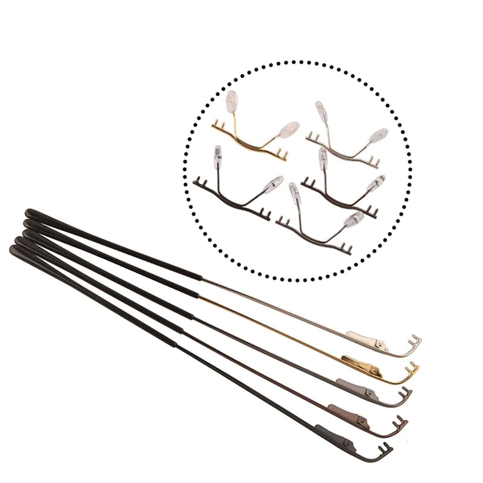 Brillenbügelbein 10 Sets randlose Brillenbügel aus Metall mit Nasenpolster, Steg, Federscharnier, optisches Bein mit Spitzen(Silver)