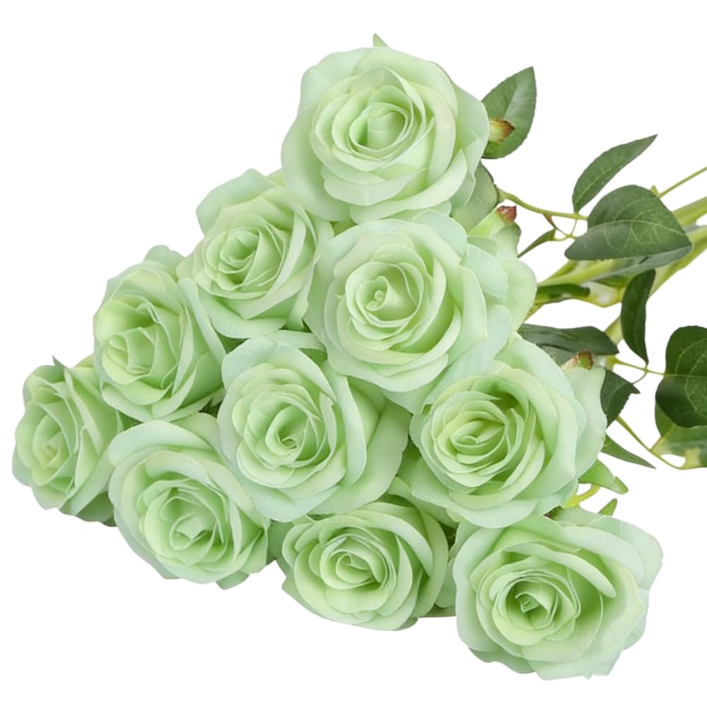 Yigeitopli 10 Pcs Light Green Silk Artificial Roses with Stems, Faux Silk Flowers 19.7 Inches Long, Decorative Rose for Wedding Party Hotel Home Indoor Outdoor Table DIY Decor