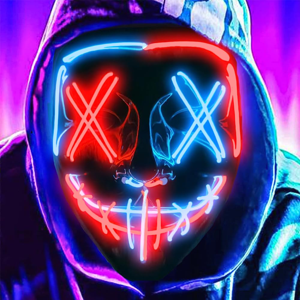 DWTECH LED Halloween Purge Light Up Mask - EL Wire Scary Mask for Masquerade Cosplay, Kids Men Women Festival Party
