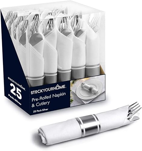 Miniatura 8 de Juego de 100 cubiertos de plástico dorado preenrollados, cubiertos de plástico envueltos individualmente con 100 tenedores, 100 cuchillos, 100