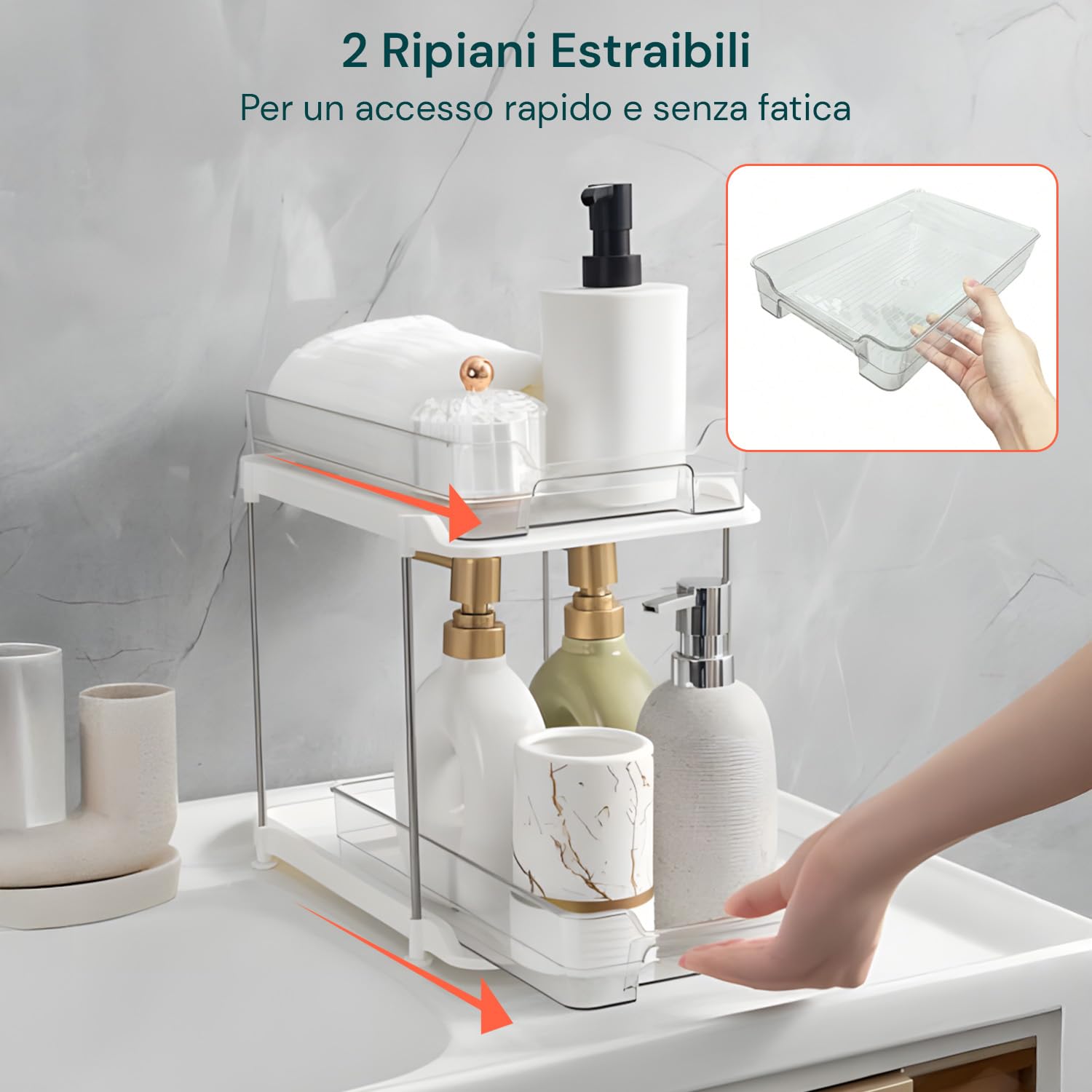Avilia Set 2 Organizer Cucina e Bagno con Cassetti Estraibili - Scaffale Salvaspazio Impilabile a 2 Livelli - Organizer Sottolavello per Detersivi, Spezie e Cosmetici - Facile Montaggio - Bianco