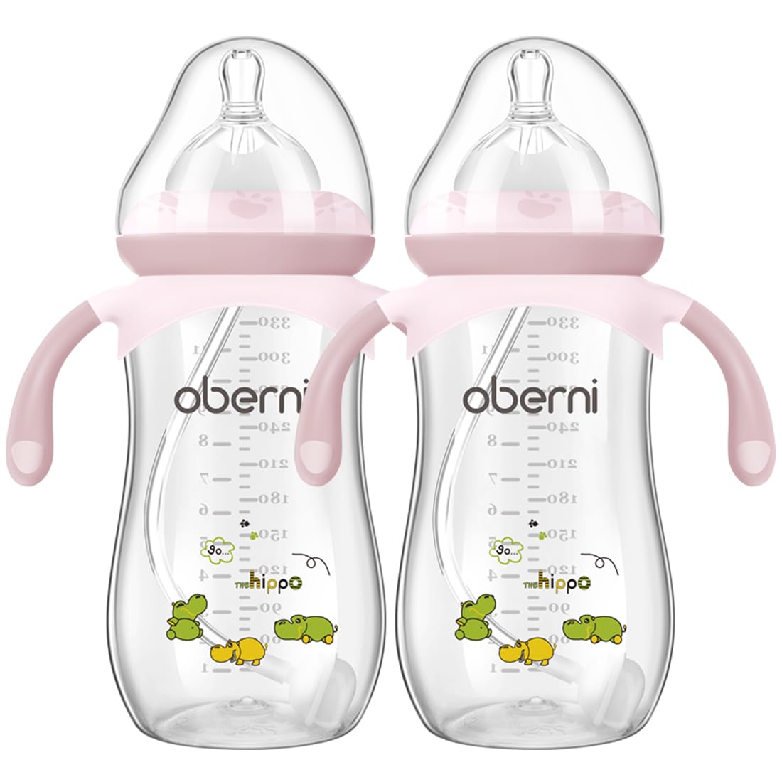 Oberni Babyflasche 330 ml, 11oz, beschwerter Strohhalm, Kleinkind-Milchflasche mit variablem Sauger (Größe +), ab 12 Monaten, Rosa/2 Stück
