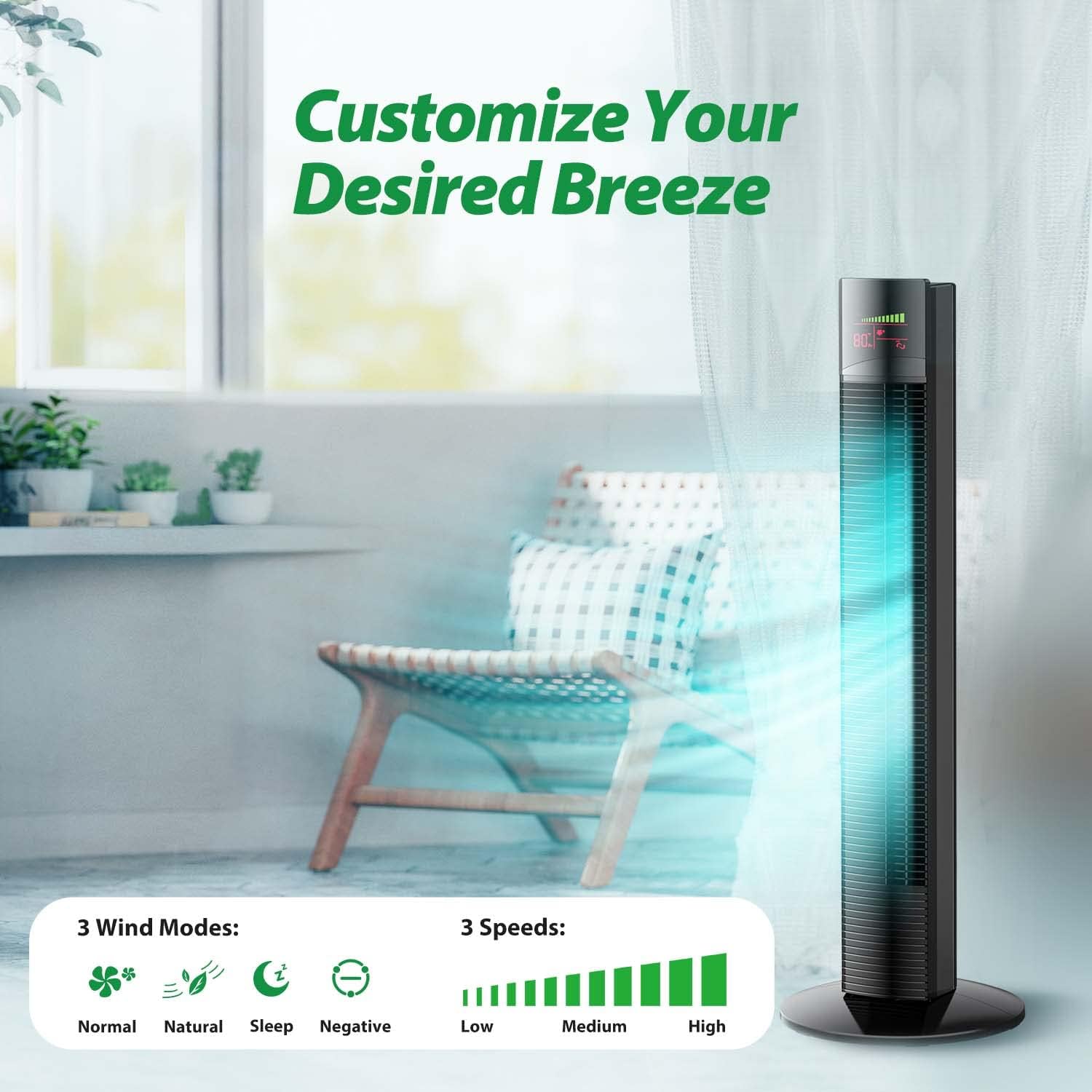 Tower Fan 002, 36” Oscillating Tower Fan with Remote, 9 Modes, 12H Timer, Large LED Display, Portable Cooling Floor Bladeless Fan for Bedroom Living Rooms Office, Black
