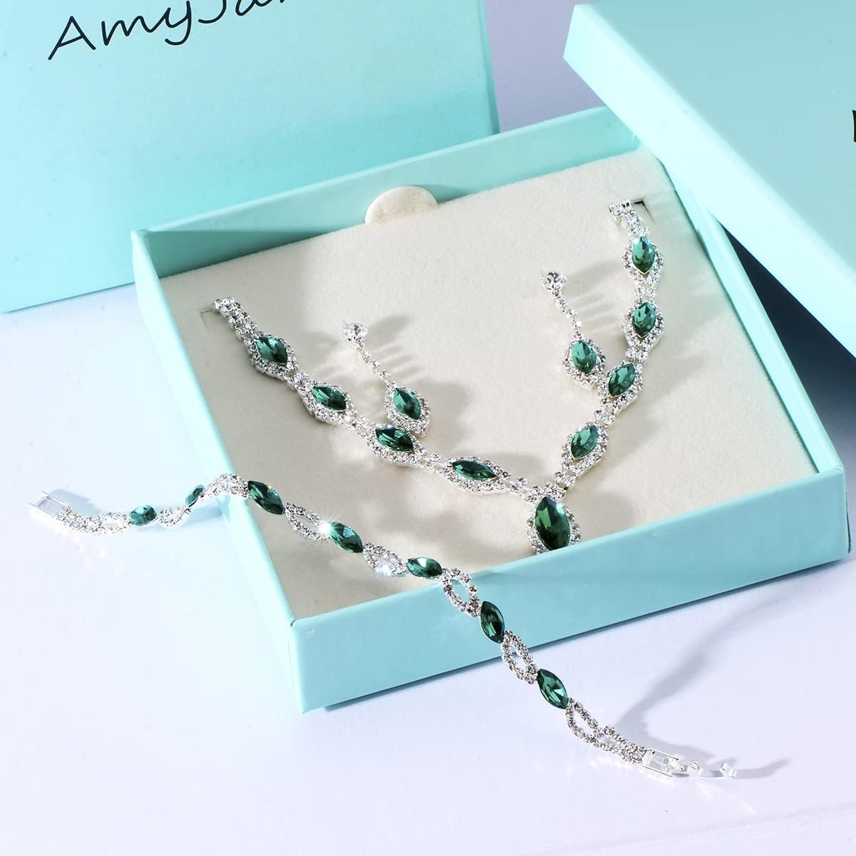 3 Piece Jewelry Set for Women - Silver Marquise Rhinestone Austrian Crystal Bridal Bride Bridesmaids Statement Choker Necklace Dangle Earrings Link Bangle Bracelet for Wedding Prom Party Girls Costume Jewelry