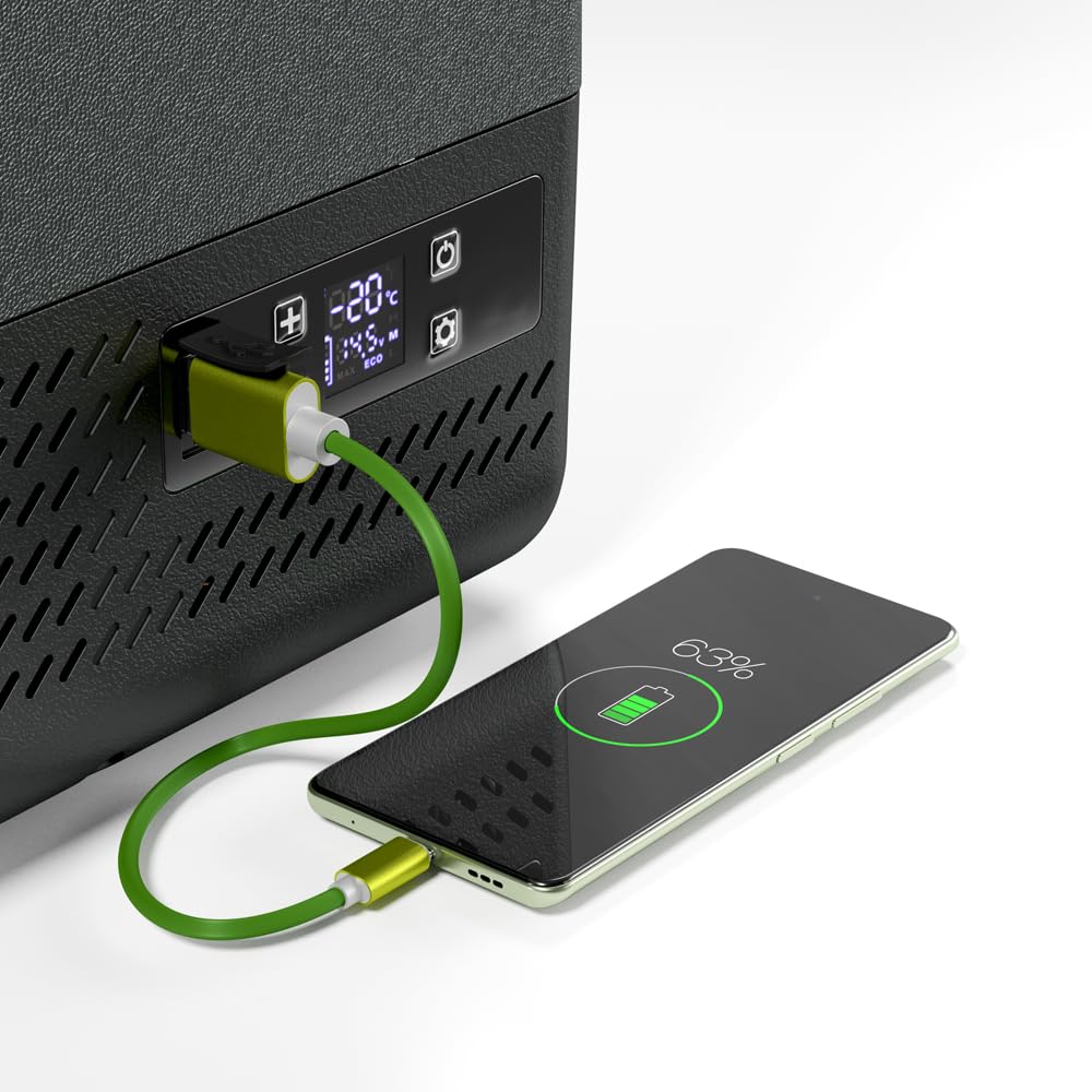 Yolco ET8 Carbon lodówka podróżna mini przenośna elektryczna lodówka z kompresorem 12/24 V DC do samochodu, ciężarówki, łodzi i gniazdka z przyłączem USB, -20°C, szara