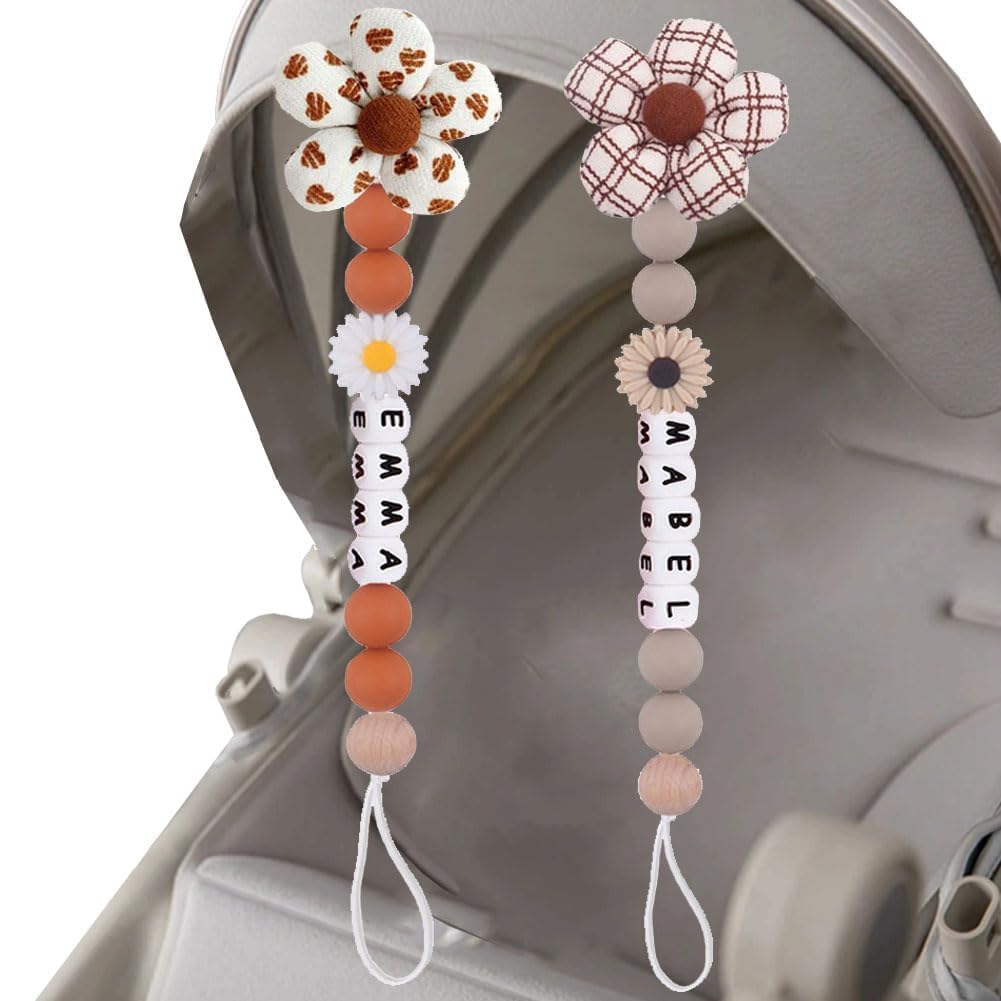 Personalized Baby Pacifier Clip with Name, Custom Floral Flower Silicone Pacifier Clip Baby Gift