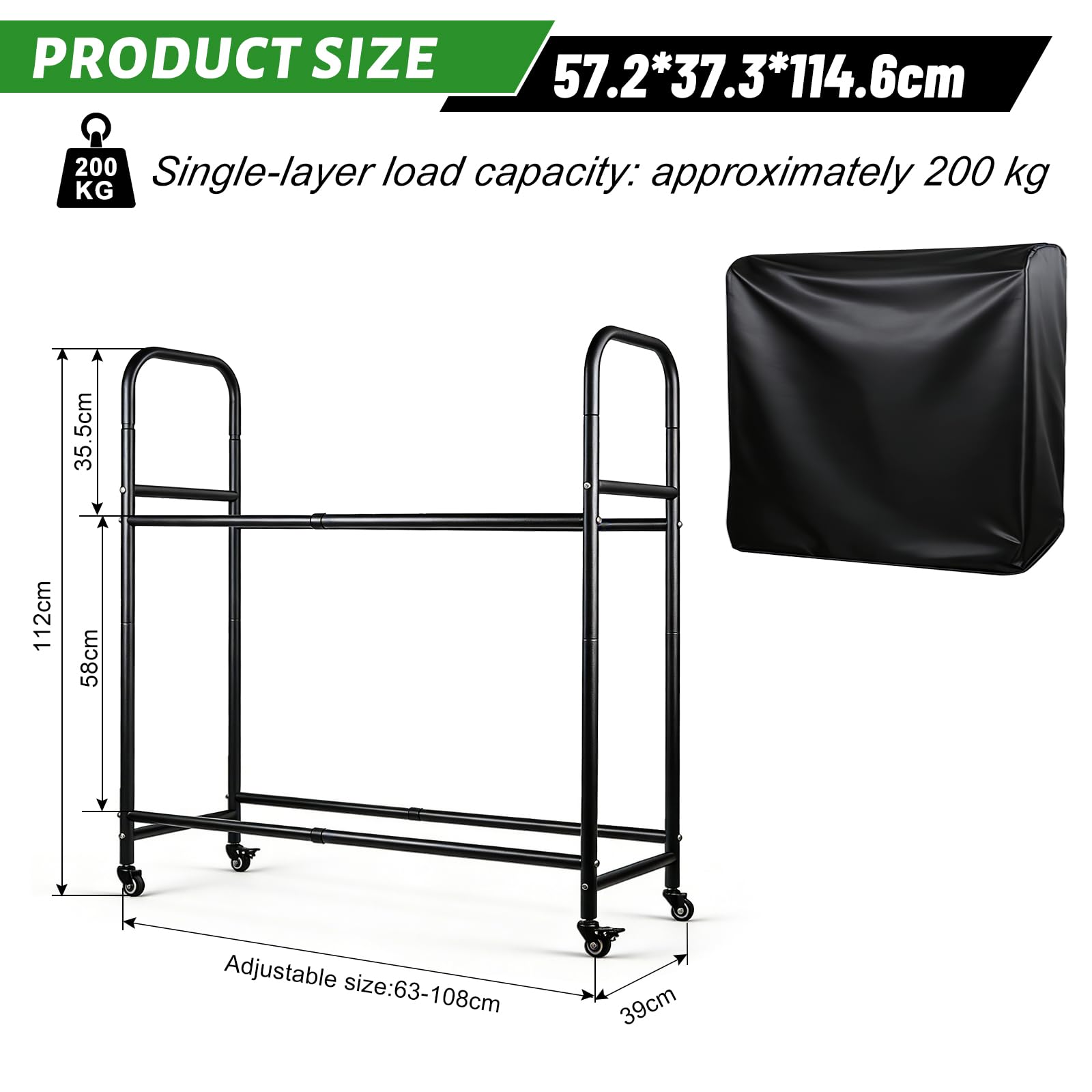 EXLECO Verstellbar Reifenregal bis zu 8 Reifen, Regallänge 63-108cm, Werkstattregal mit Schutzhülle & Lenkrollen, Garage Reifenhalter, Felgenständer, Beschichteter Stahl Schwarz Tragkraft 100-200kg