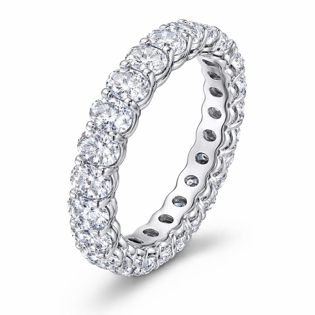 Savlano 18K White Gold Plated Cubic Zirconia Oval Cut Eternity Ring Band for Women