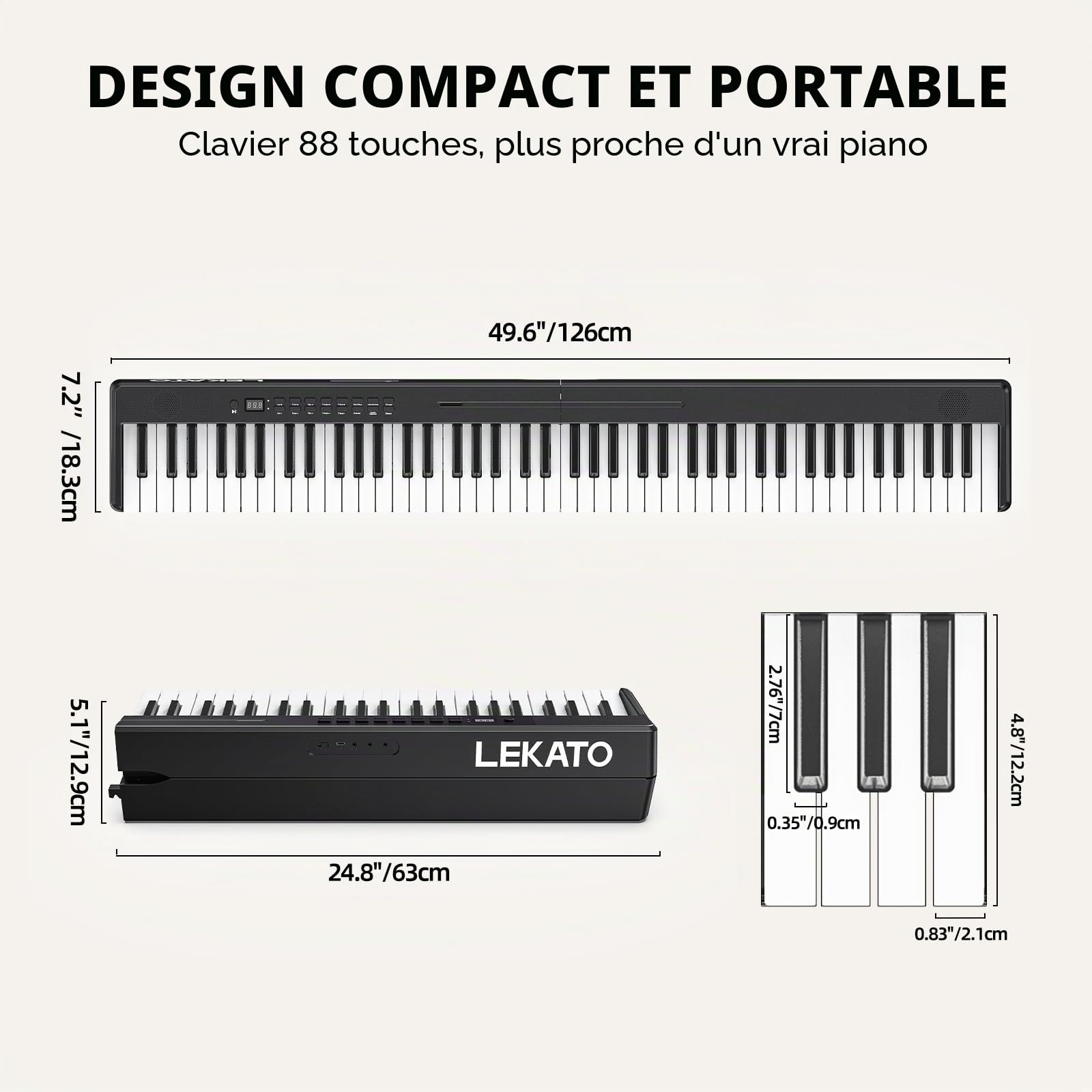 LEKATO Clavier de piano pliable 88 touches, clavier semi-lesté avec pédale de sustain, sac de transport, MIDI, Bluetooth, fonction Split, piano numérique portable pour débutants enfants adultes