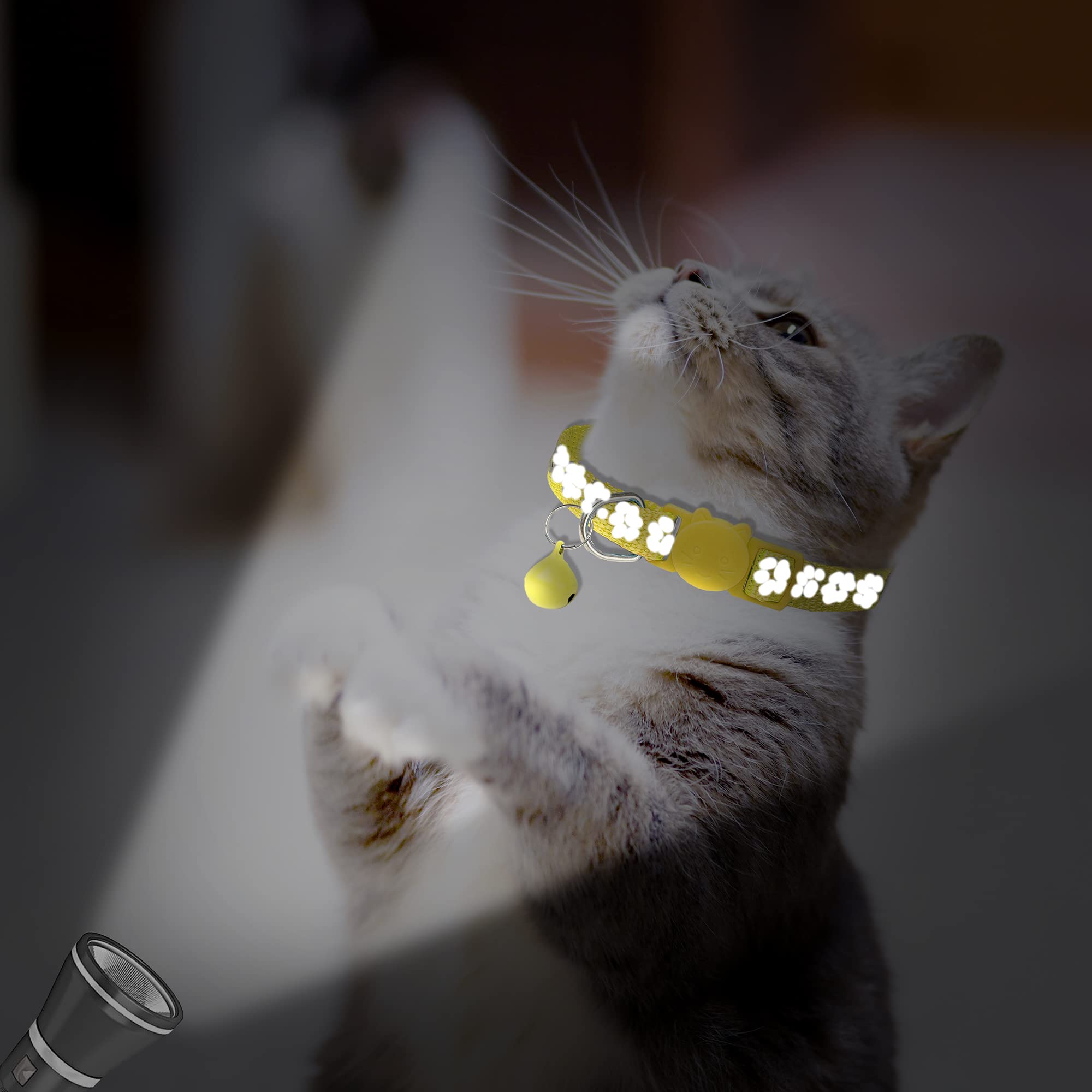 Paquete de 2 collares reflectantes para gatos con campana, collares personalizados para gatitos, collar de hebilla de seguridad ajustable para gatos machos, niñas y niños (amarillo)