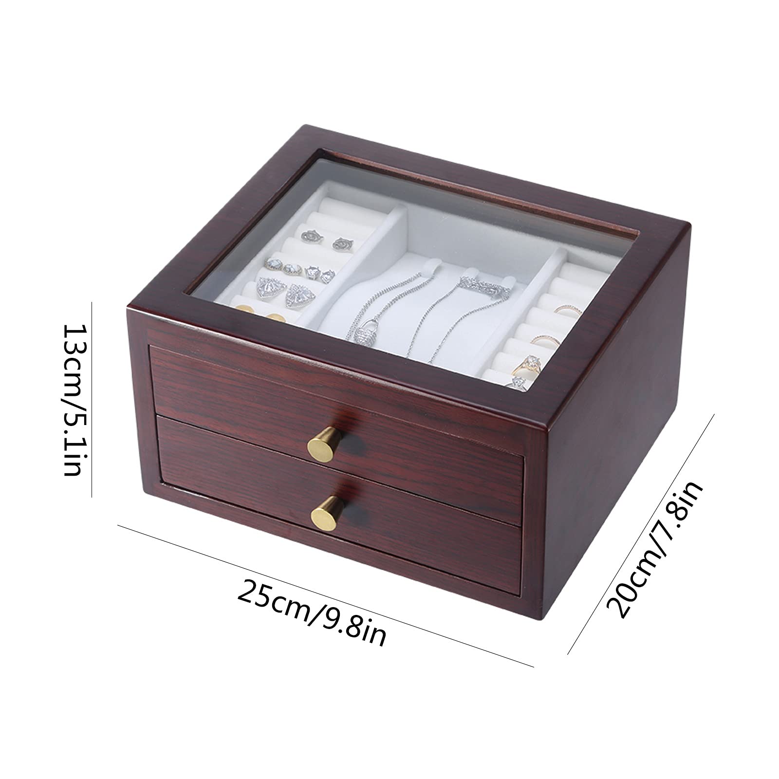 Caja de Almacenamiento de joyería de Nuez Negra Caja de joyería de Escritorio de 2 cajones con Mango de latón Caja de Almacenamiento de cajón de Escritorio con Vidrio Ventana Visible