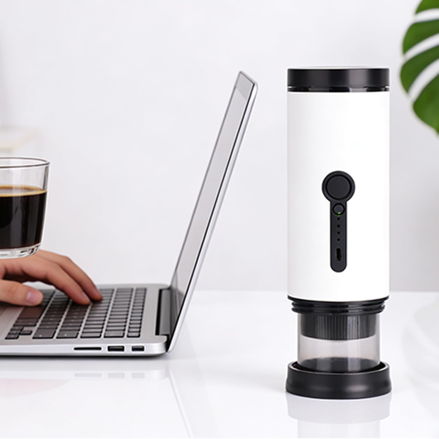 SANMAS Cafetera espresso portátil, cafetera de autocalentamiento recargable por USB-C, para viajes y camping, compatible con café molido y cápsulas, cafetera eléctrica compacta para coche, caravana