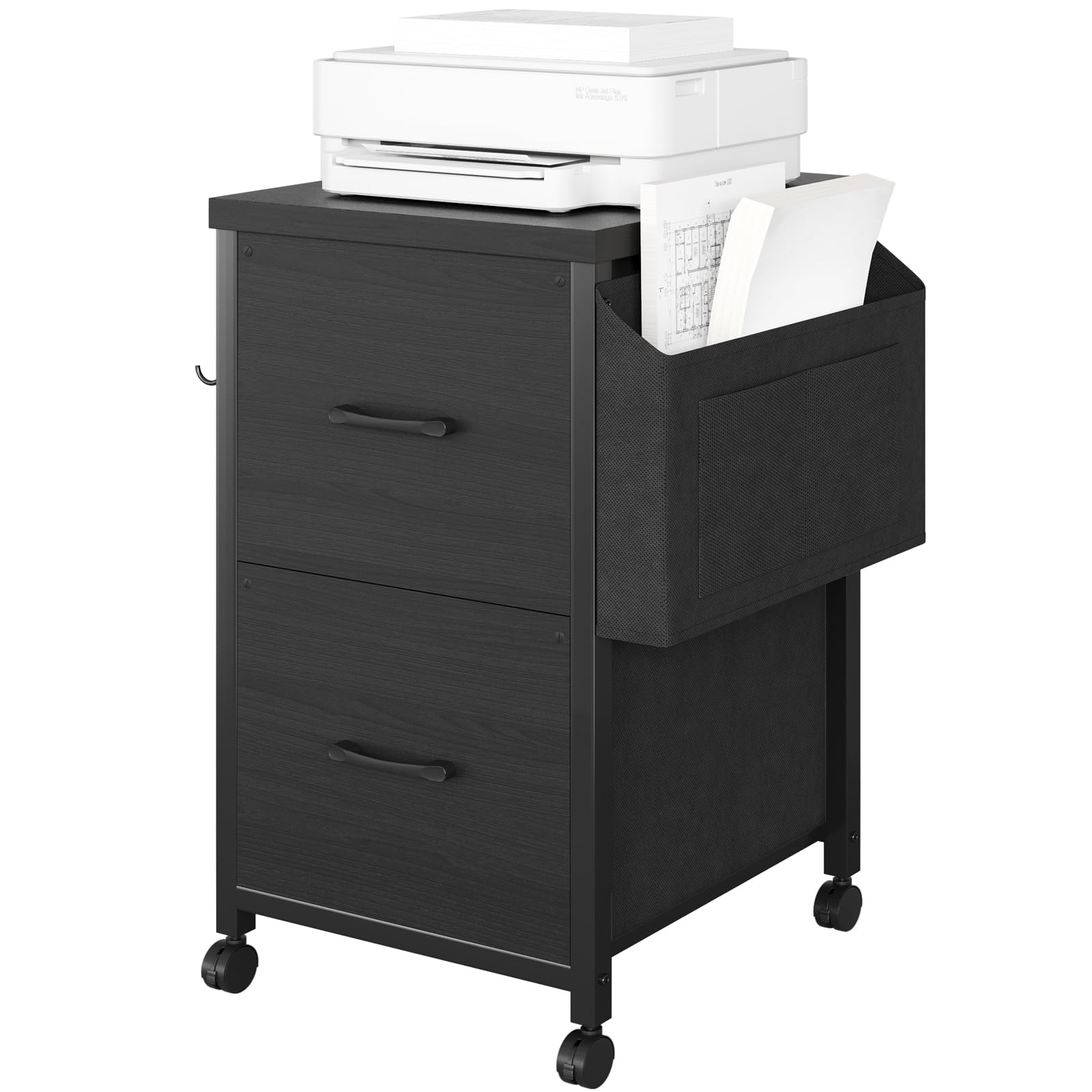 ROSONG 2 Drawer File Cabinet on Wheels for Home Office, Rolling Small Filing Cabinets Under Desk Printer Stand with Two Drawer Fits A4 Letter Size Mobile Vertical Black