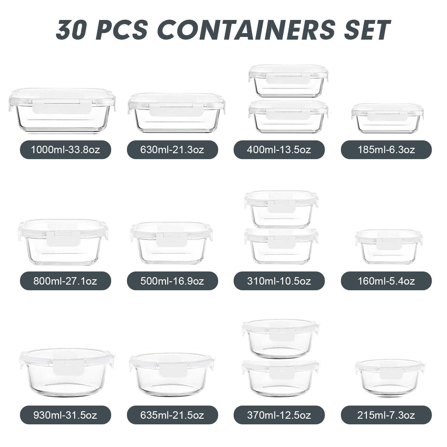 VERONES 30-teiliges Glasbehälter-Set, stapelbare Frischhaltedosen mit Deckel, luftdichte Glas-Lunchbehälter für Mikrowelle, Backofen, Gefrierschrank und Spülmaschine, Weiß