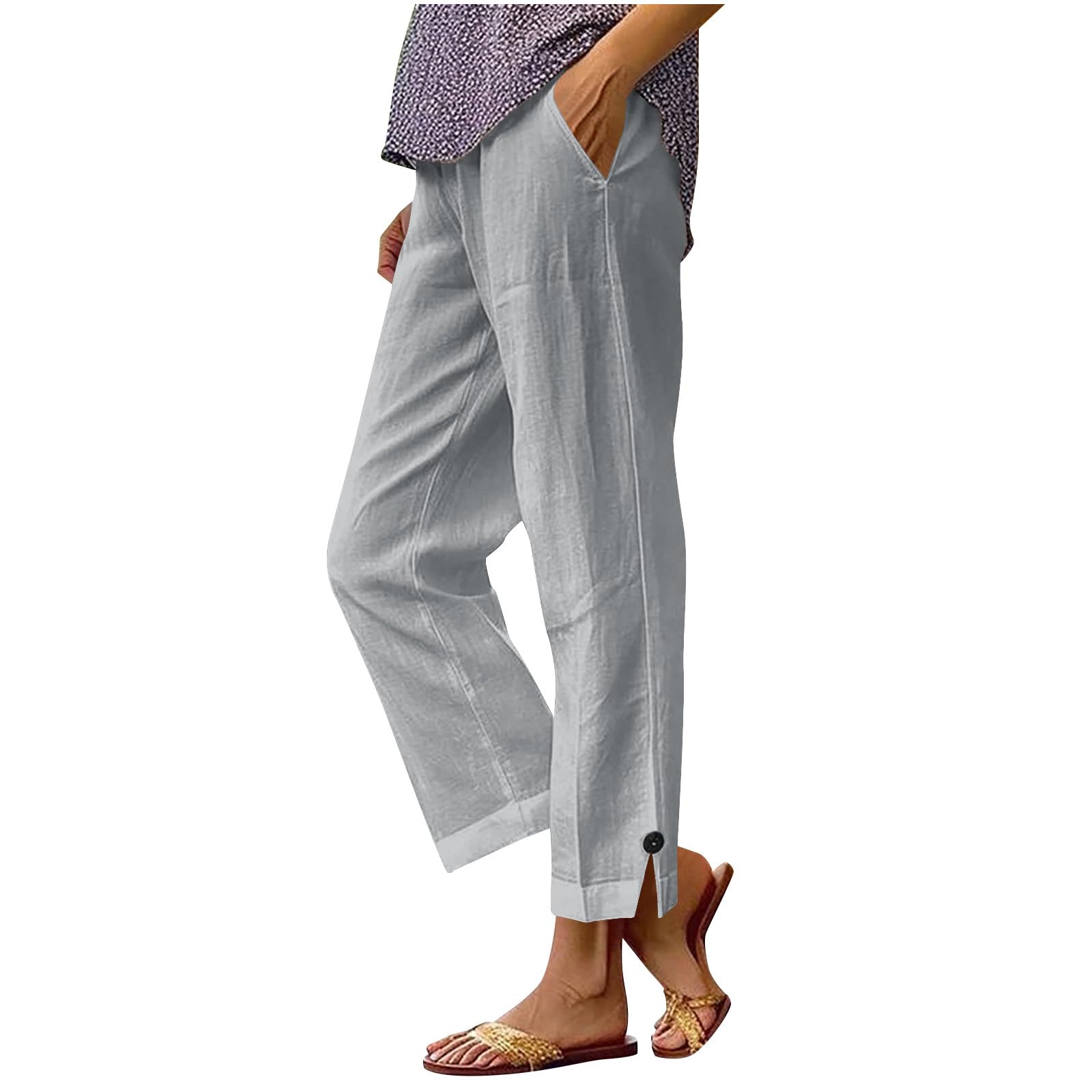 Cotton Linen Capri Pants for Women Casual Elastic High Waisted Work Pants Straight Leg Summer Capri Cropped Trousers