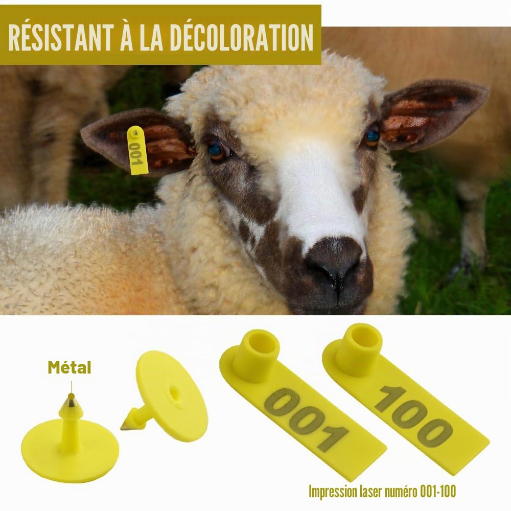 WMYCONGCONG Étiquette d'oreille en plastique pour le bétail (1 à 100) Marqueur pour animaux avec outil de retrait des marques auriculaires et pince d'application des marques auriculaires