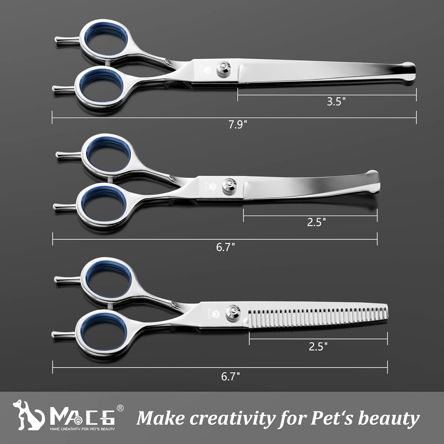 Professional Dog Grooming Scissors Kit with Safety Ronud Tip, MAOCG Twin-Tail Thinning, Curved, Straight Shears and Comb for Dogs & Cats, Sharp and Durable, Suitable for Lefty and Righty