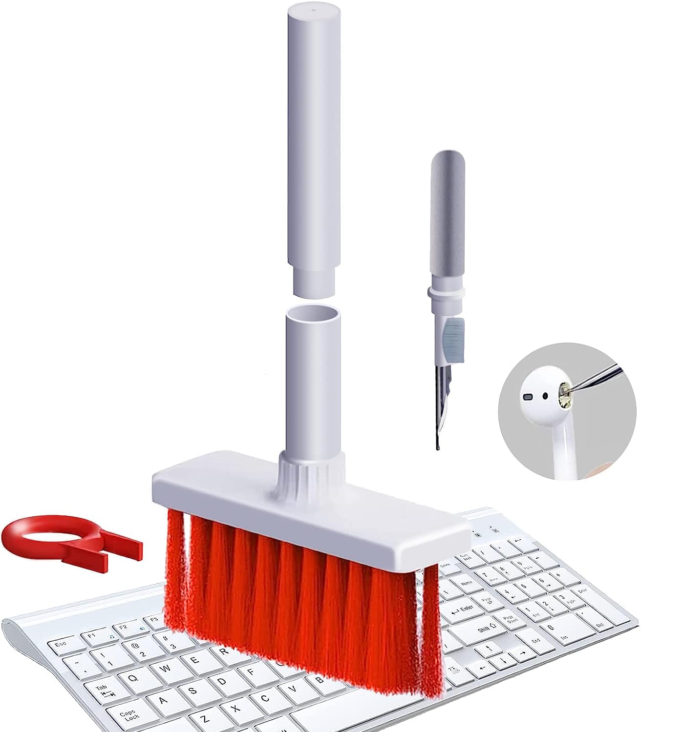 Keyboard Cleaner Soft Brush, 5 in 1 Multifunctional Cleaning Kit, Corner Slit Duster Keycap Puller and Microfiber Brush for Bluetooth Headset Airpods Laptop Camera Lens (Red,5 in 1)