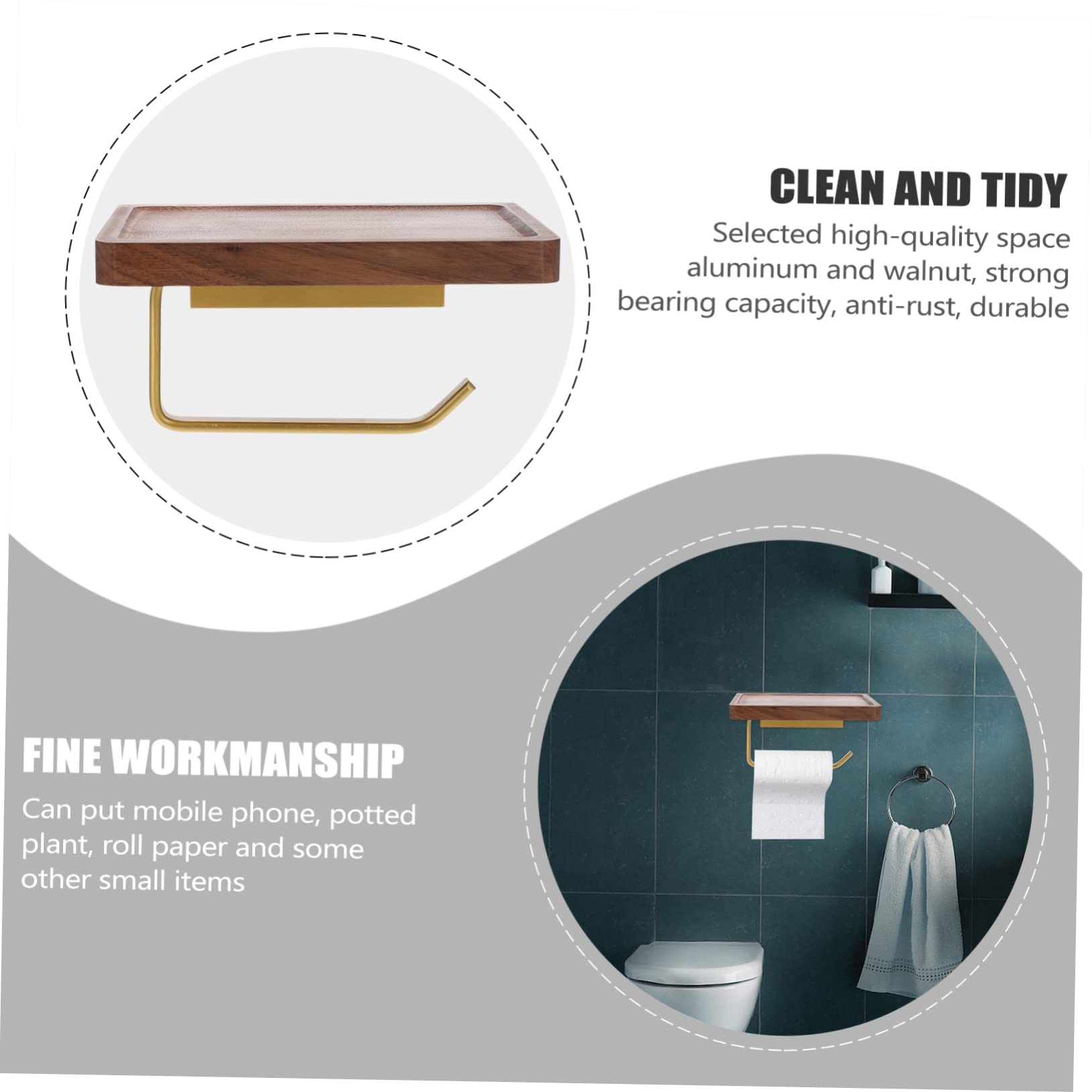 Portarrollos de Papel Higiénico para Estante de Nogal Negro, Instalación sin Taladro, Resistente al Agua y Gran Capacidad Baño y WC