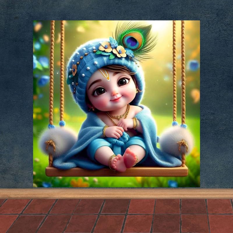 Image of British Terminal Cute little Bal Gopal Baby God Krishna| Kanha Ji | Laddu Lord Makhan Chor Painting Religious Poster for Pregnant Women for wall (matt thin vinyl,sticker,multicolor,unframed)| bj14