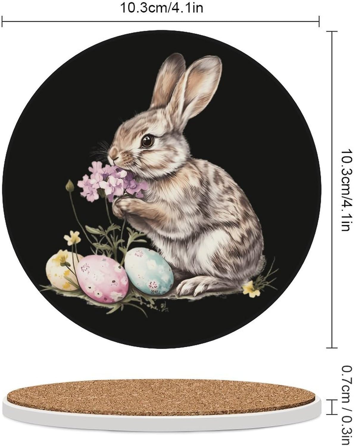 Rabbit Flowers Easter Eggs Round Ceramic Coasters for Drinks Absorbent Cup Holder Tabletop Protector with Cork Base