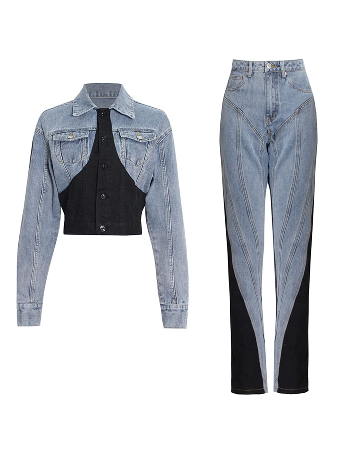 Women Hit Color Patchwork Denim Two Piece Sets Long Sleeve Coat Jacket High Waist Pencil Pants Jeans