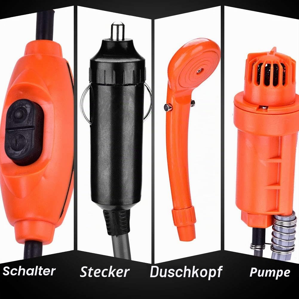 Camping Dusche Tragbare Campingdusche mit 12 V Pumpe, Outdoor Mobile Duschen Außenduschen mit Duschkopf und 2 m Schlauch Auto Stecker für Reisen, Autowäsche, Zelt, Pflanzenbewässerung Garten