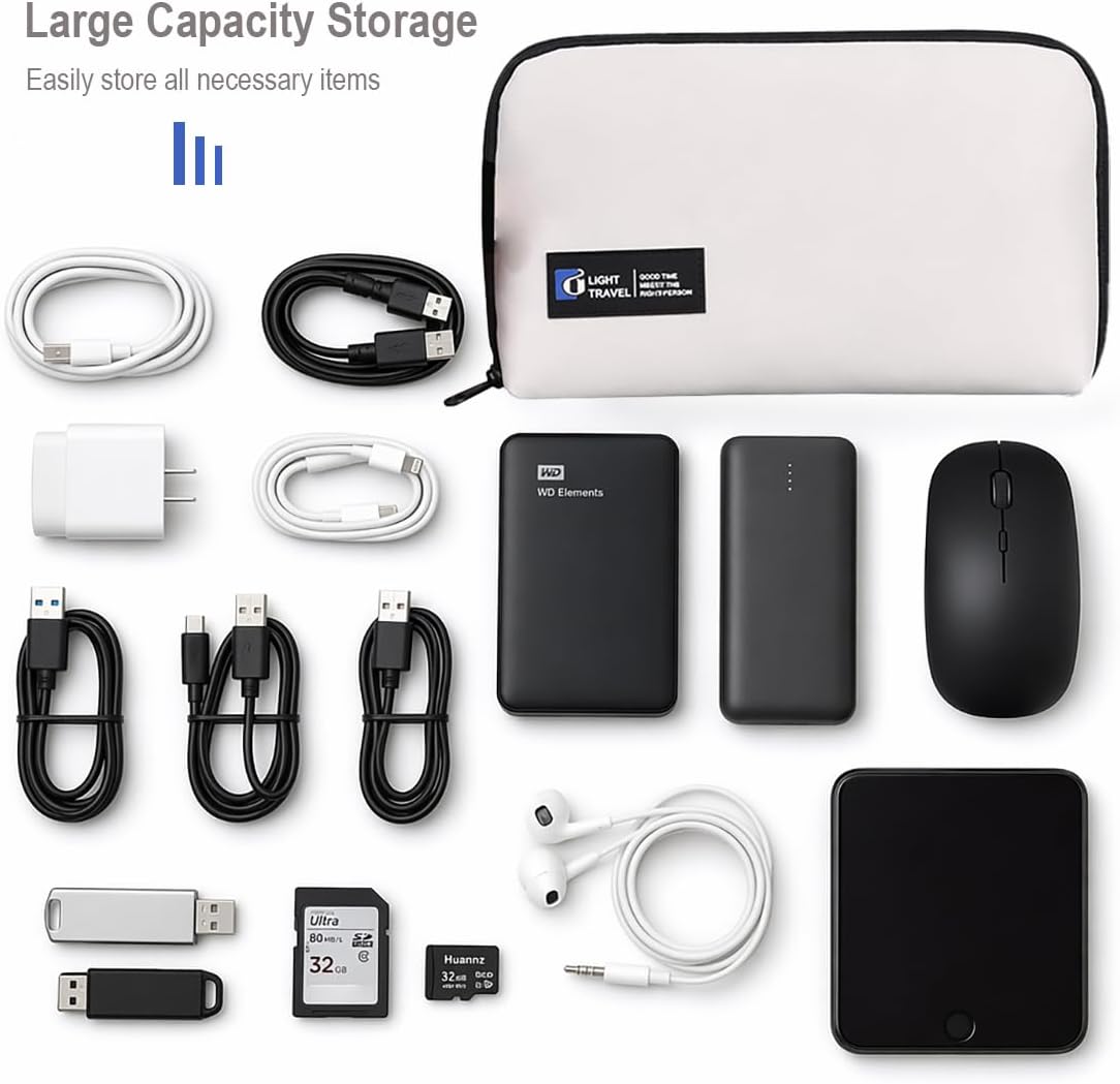 Electronics Organizer Bag, Travel Digital Storage Pouch for Cable, Cord, Earphone, USB Flash Drive, Power Bank, Hard Drive, Portable Tech Travel Case with Multi-Compartment (White)
