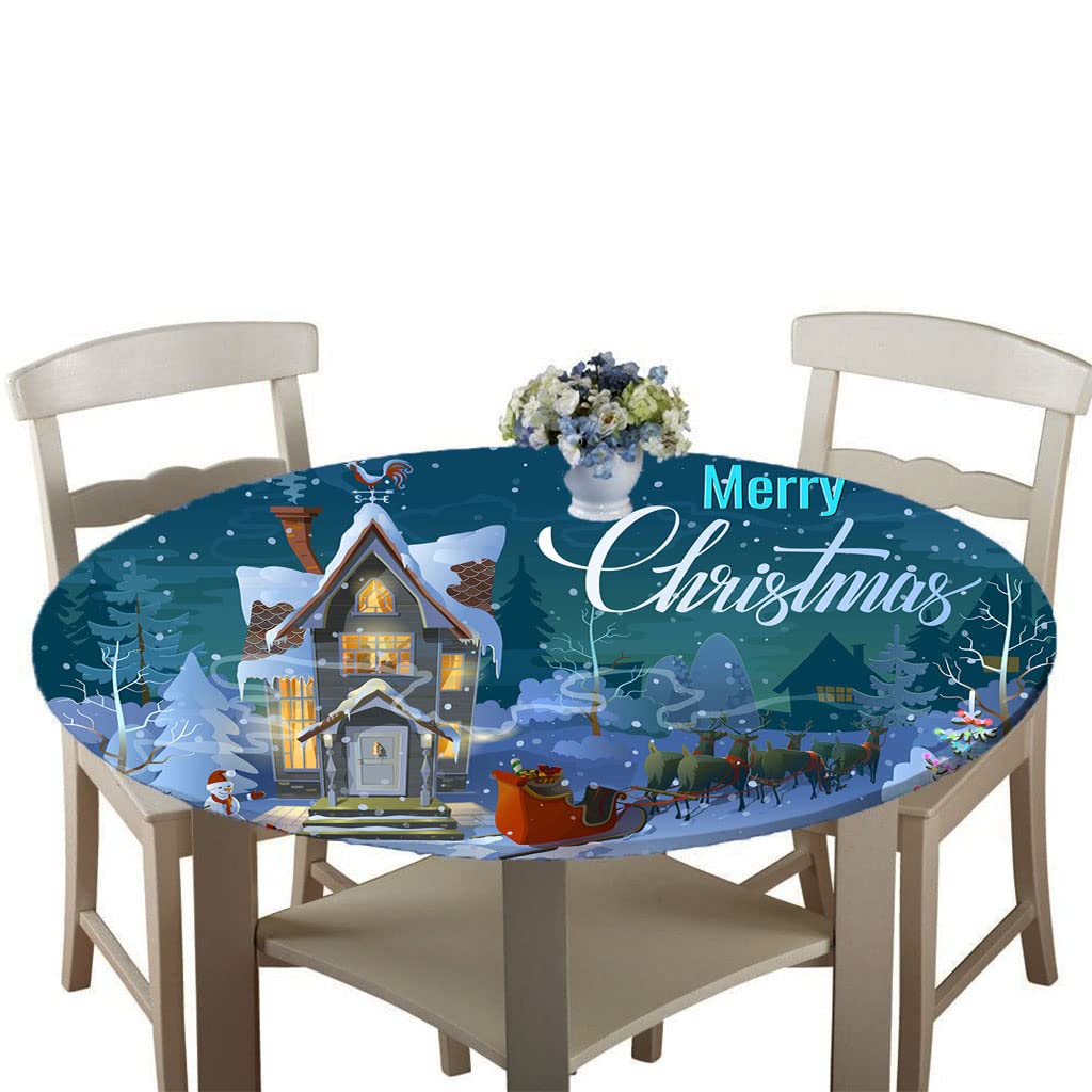 Treer-Shop Christmas Reindeer Treer Christmas Round Tablecloth Waterproof Wipeable, 3D Printing Circular Tablecloths Fitted Elastic Edged Xmas Table Cover Decoration For Kitchen Picnic Outdoor Indoor (,180Cm)