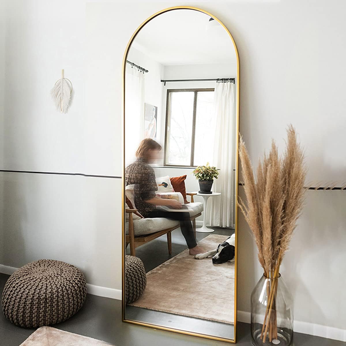 OGCAU Floor Mirror with Aluminum Alloy Frame, Full Length Standing Hanging or Leaning Against Wall, Body Mirror for Floor & Wall in Bedroom, Arched-Top, Wall-Mounted (Gold)