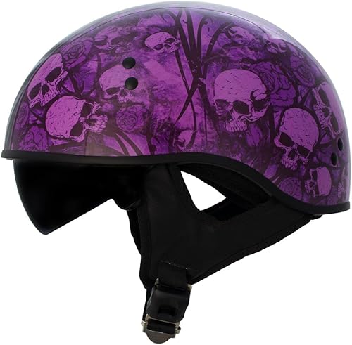Miniatura 3 de Hot Leathers HLD1039 Ramo de calavera negro brillante morado avanzado DOT unisex medio casco con visera tintada desplegable