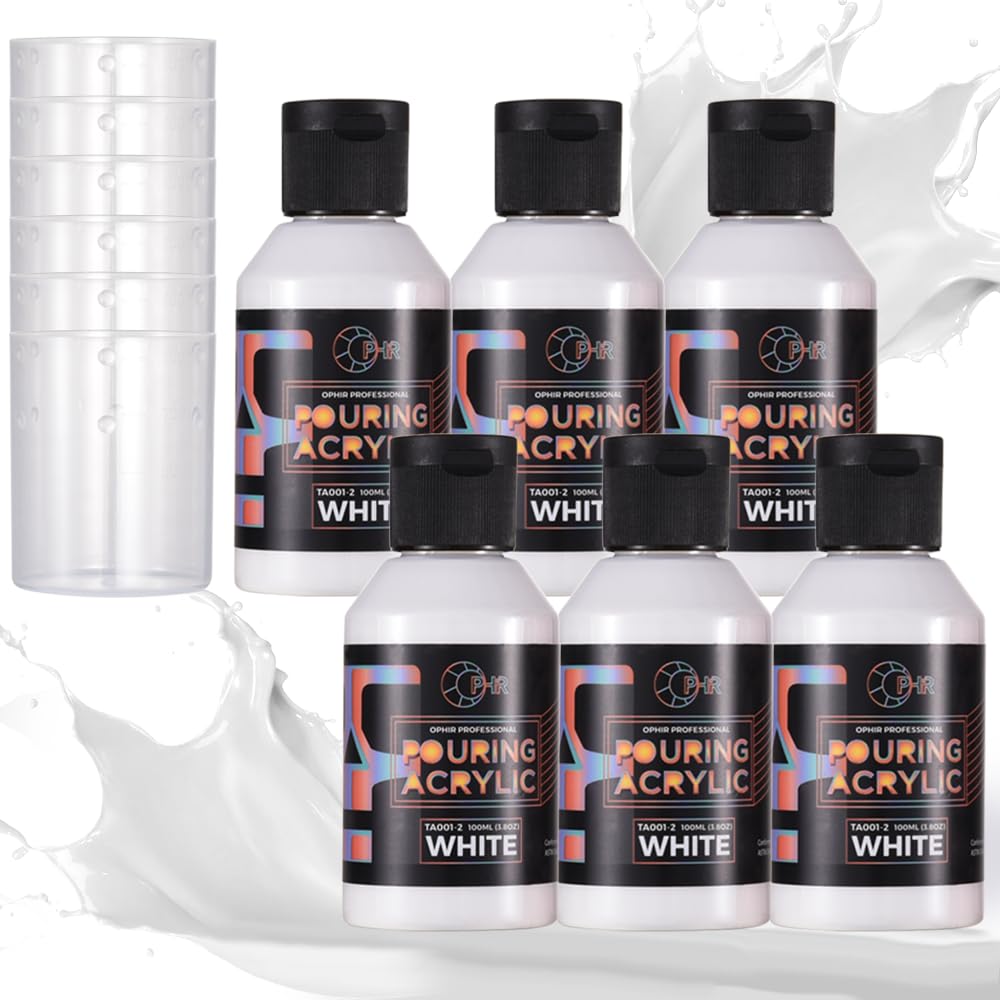 OPHIR 6X White Acrylic Pour Paint, Total 22.8OZ Premixed Acrylic Pouring Paint Supplies for Canvas, Rocks, Wood, Glass, Paper, Tile, Crafts, Ready to Pour