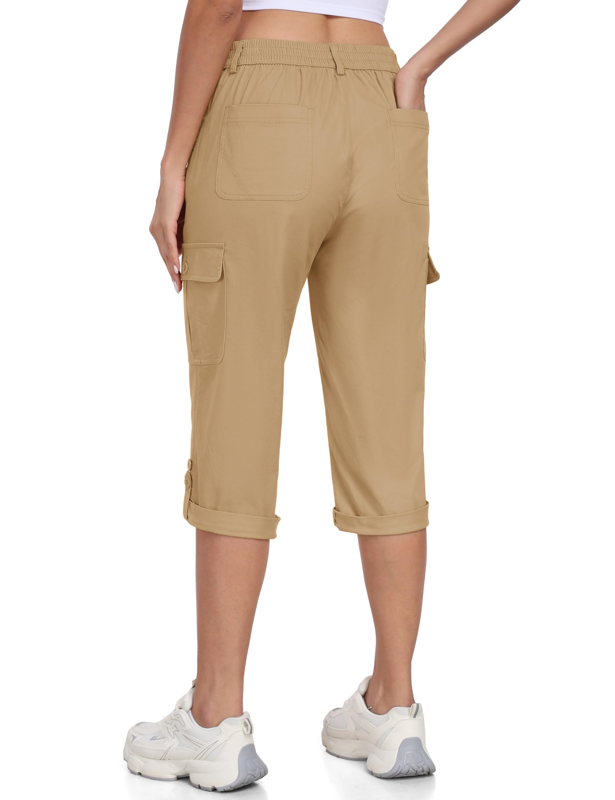 MoFiz Femme Cargo Pantalon Cotton Randonnée Capri Pants Taille Elastique Trekking Pantalon avec Poches