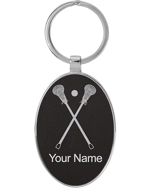 Oval Keychain, Lacrosse Sticks, Personalized Engraving Included (Metal Frame)
