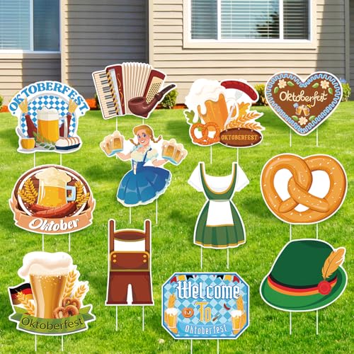 Amyhill 12 Pcs Oktoberfest Yard Decoration Outdoor Welcome to Oktoberfest Garden Lawn Signs with Stakes German Beer Festival Waterproof Outdoor Decor for Patio Lawn Walkway Party Supplies