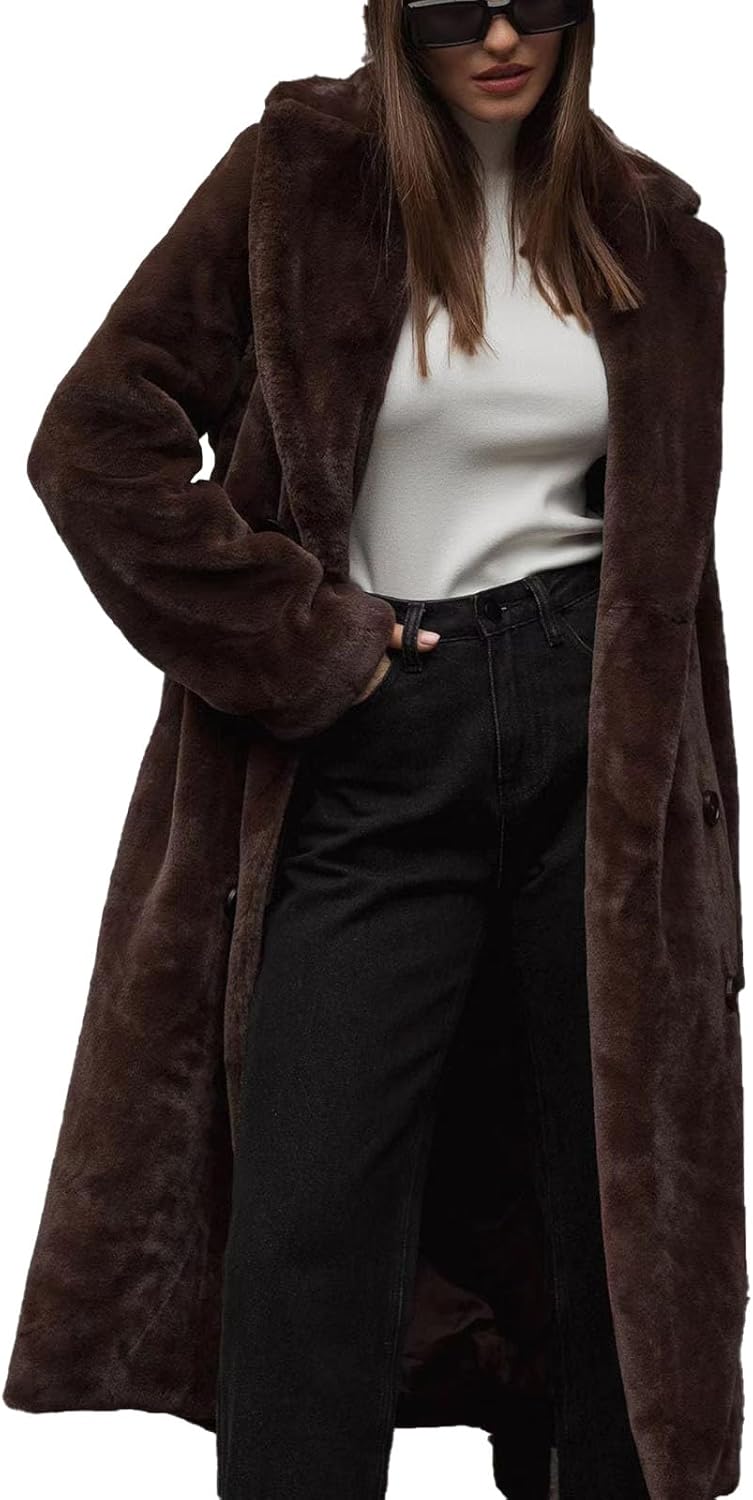 Full Long Faux Fur Trench Coat for Womens Double Breasted Pea Coats Long Sleeve Lapel Winter Shaggy Jackets with Belt