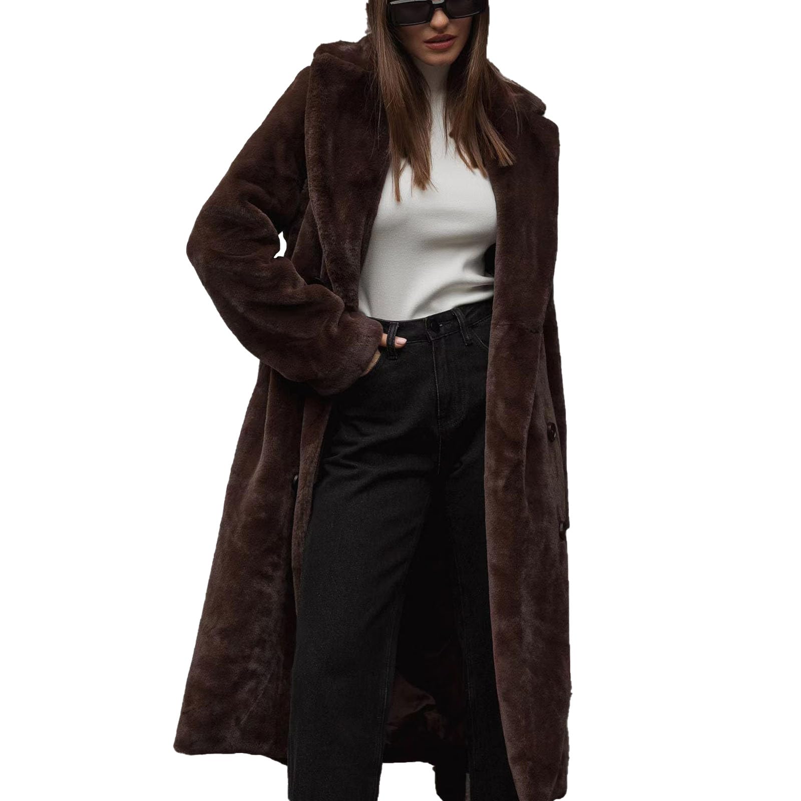 Long Faux Fur Cardigan for Women Open Front Fuzzy Fleece Jacket Extra Length Warm Cozy Lapel Outerwear with