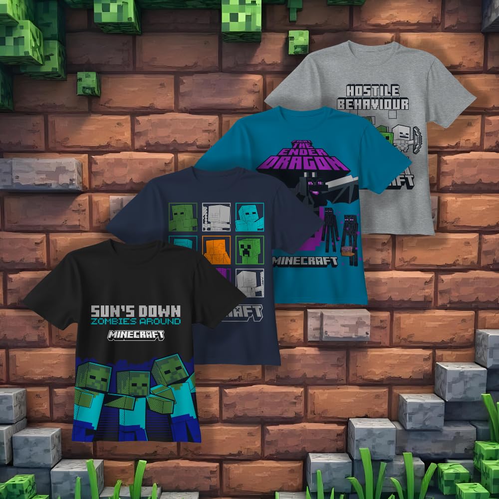 Minecraft Maglietta a maniche corte da ragazzo, confezione da 4 - Creeper, Ender Dragon, Skeleton, Zombie Graphic Set per bambini