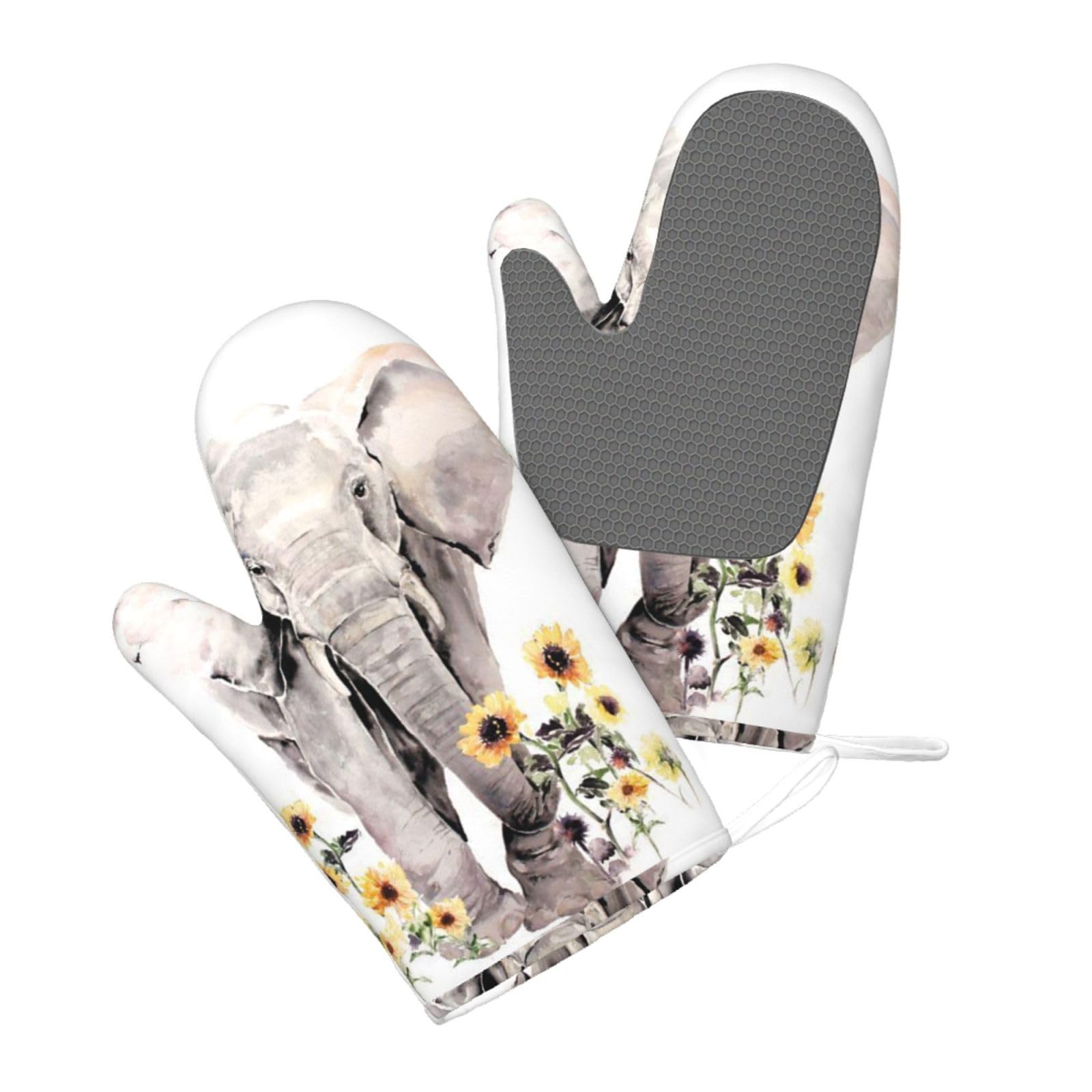Silicone Oven Mitts Set 2PCS, Elephant and Sunflower Printed Heat Resistant Non-Slip Silicone Oven Gloves for Kitchen Cooking Baking Microwave