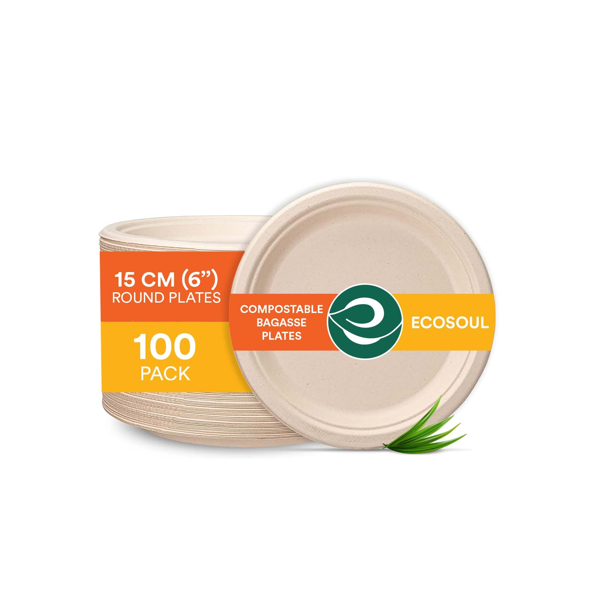 ECO SOUL 100% Compostable 6 Inch Paper Plates (100-Pack) Small Disposable Party Heavy Duty, Eco-Friendly, Appetizer, Dessert, Wedding Plates I Biodegradable Unbleached Sugarcane Eco Plates