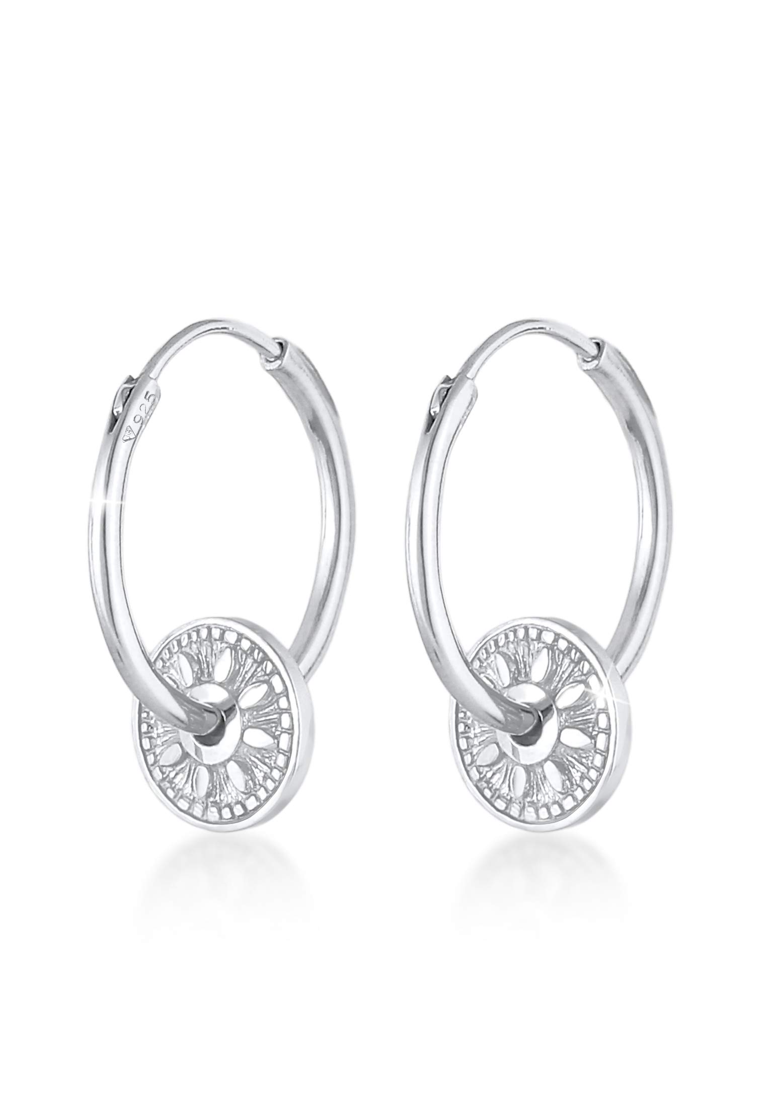 Elli Earrings Woman Creole Pendant Coin Sun Antique in 925 Sterling Silver