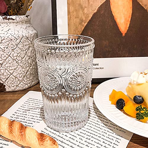 Image of MDLUU Embossed Water Glasses, Romantic Glassware, Vintage Drinking Glasses, Glass Tumblers for Juice, Beverages, Cocktail, Capacity 12.5oz /370ml, Set of 4