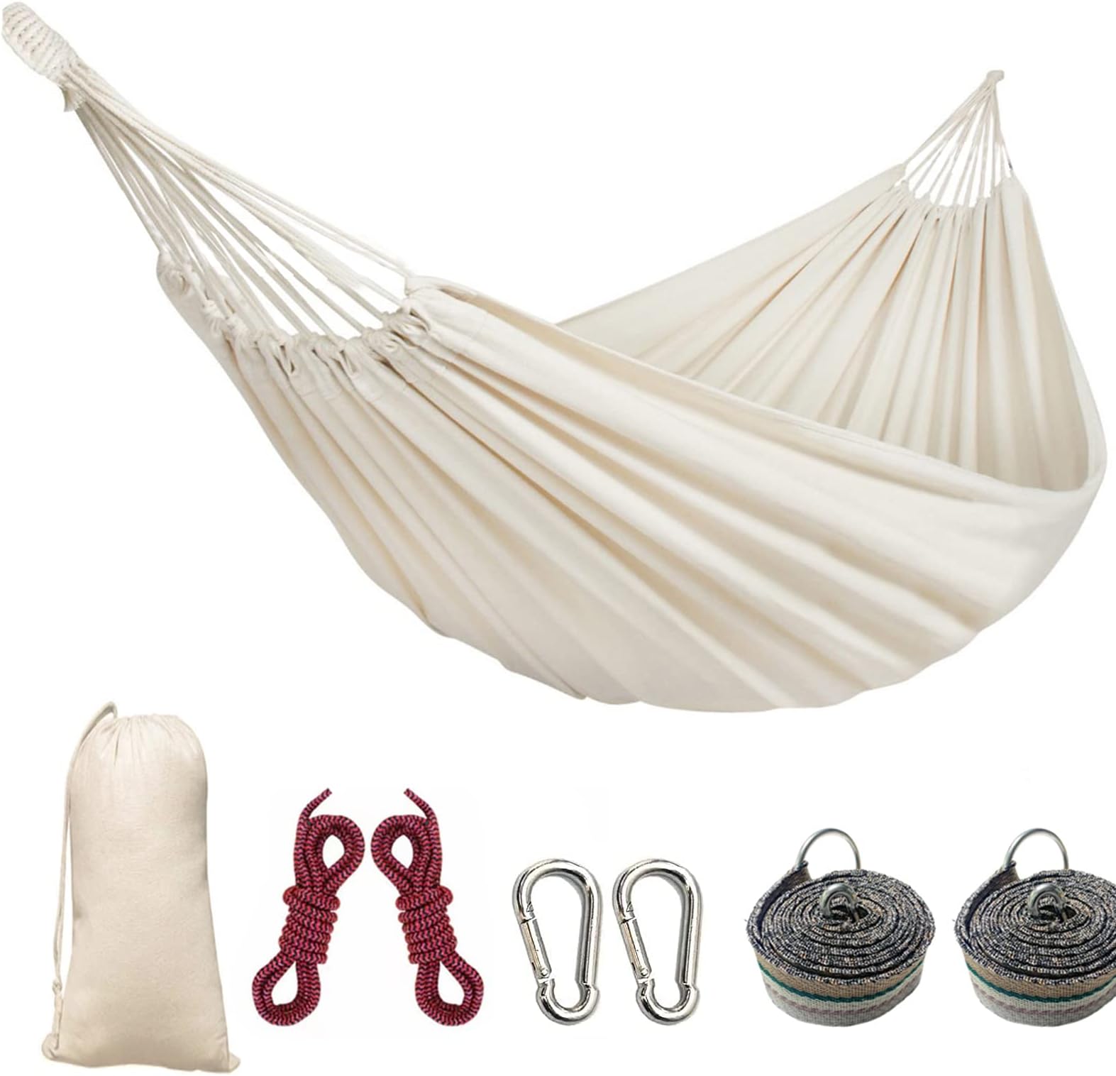 Colel Hammock, Cotton Canvas Hammock 450lbs Portable Camping Hammock with Carrying Bag Metal Carabiner Ropes for Travel Patio Garden (White)