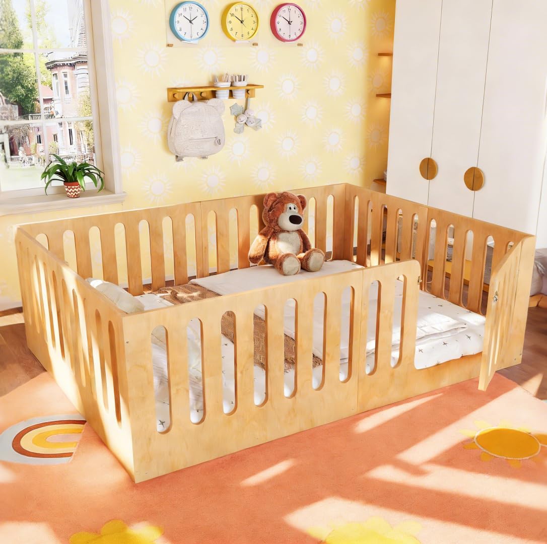 Bellemave Queen Size Floor Bed with High Fence and Door for Kids, Queen Wood Montessori Floor Bed Frame, Low-Profile Design, Easy Assemble, Sleep & Play Zone, for Boys,Girls,Child, Natural