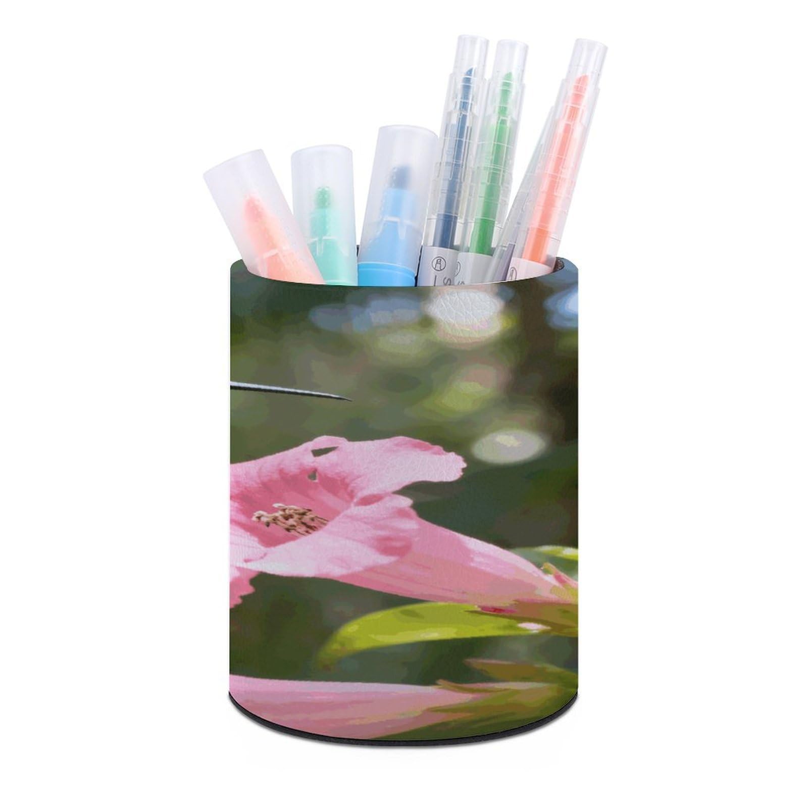 FekiLoot Round Leather Pen Holder - Multipurpose Desk Organizer, Modern Pencil Cup, Hummingbird Pencil Holder, Unique Makeup Brush Holders for Office Home Supplies & Gifts