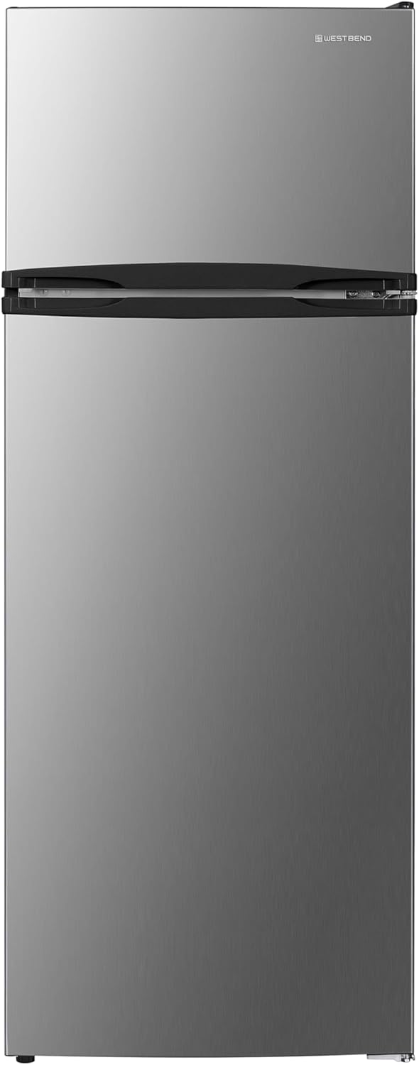 West Bend Apartment Refrigerator Freestanding Reversible Dual Doors Full Fridge with Freezer, Full-Range Temperature Control with Adjustable and Removable Door Bins and Shelves, 7.5-Cu.Ft, Metallic