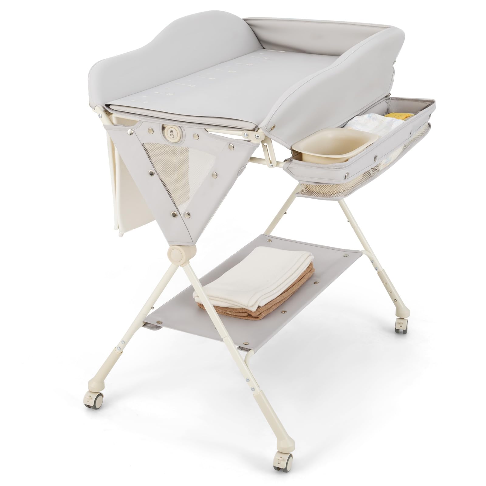 RELAX4LIFE Fasciatoio Pieghevole Mobile per Neonati con Vaschetta Bagnetto, Cestino Portaoggetti e Cintura di Sicurezza, Regolabile in Altezza,2 Portaoggetti Borsa, Portata 11KG