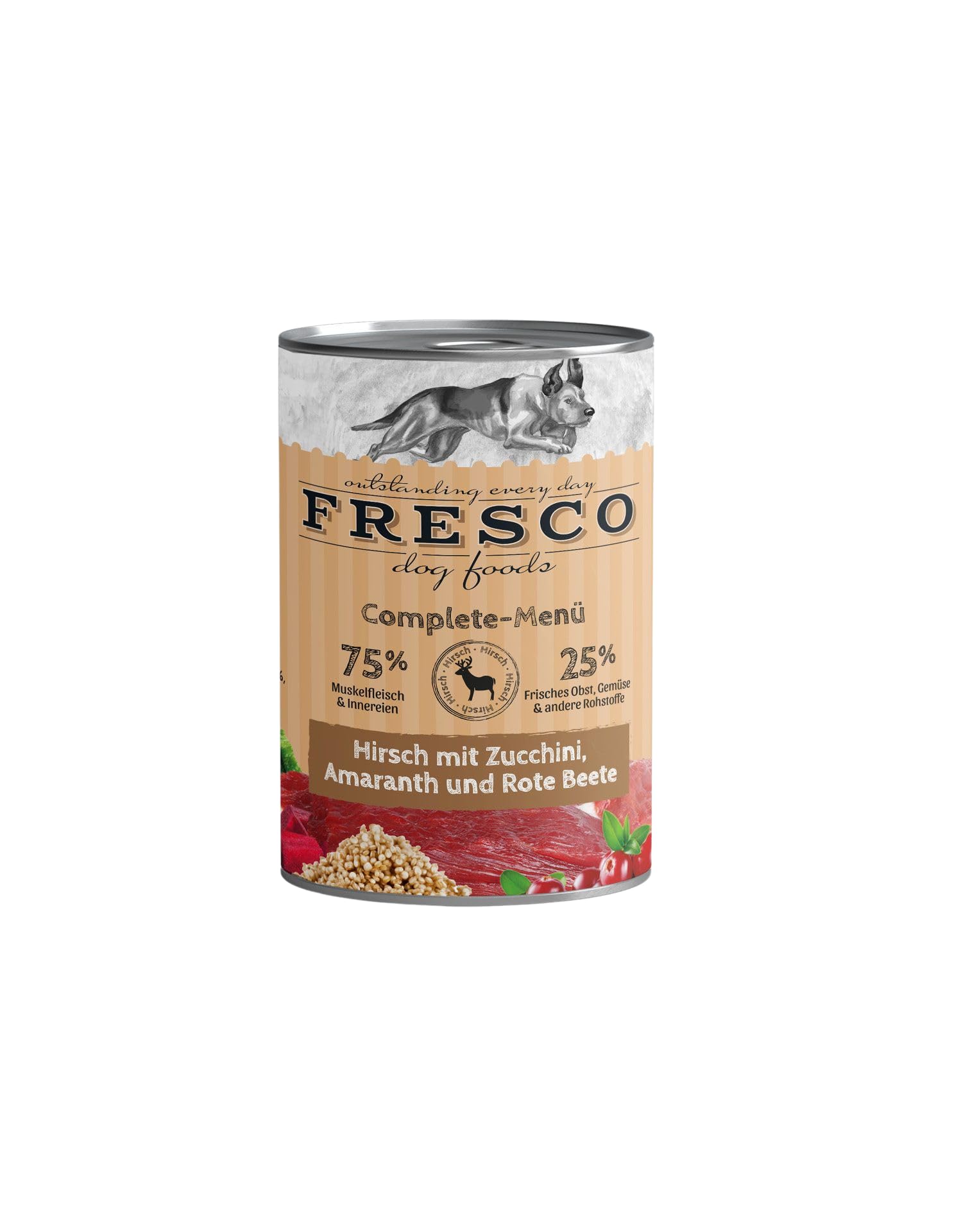 Fresco Complete-Menü Hirsch mit Rote Beete, Preiselbeeren und Amaranth | 12er Pack | 12 x 400 g | Nassbarf für Hunde | Hoher Proteingehalt | Grob zerkleinertes Naturprodukt