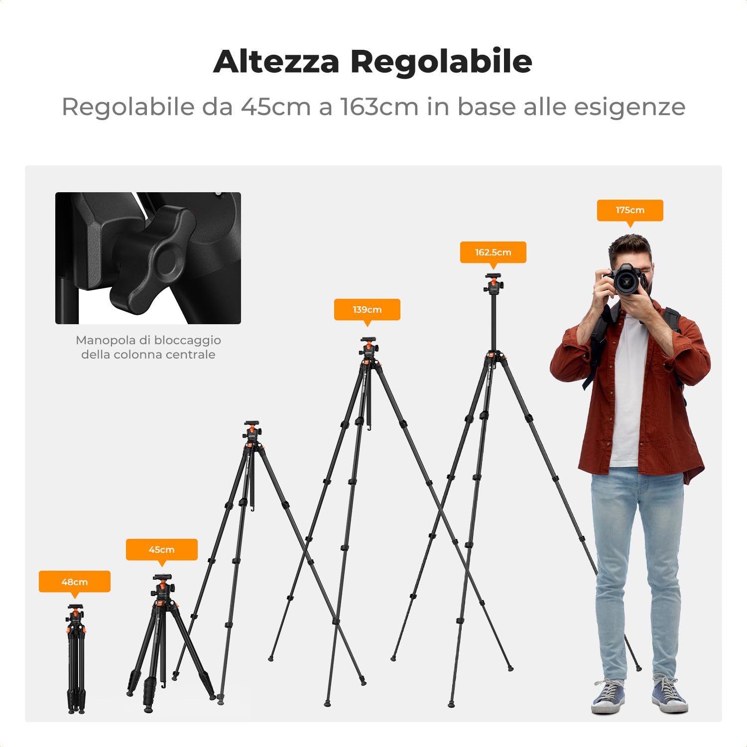 K&F CONCEPT Treppiede per Fotocamera 163cm, Cavalletto Fotografico in Alluminio Leggero e Compatto, Carico Max 10kg, Treppiedi per Fotocamere DSLR/Sony/Canon/Nikon, Binocoli, Smartphone, iphone ecc